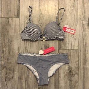 Blue and white stripped swim suit